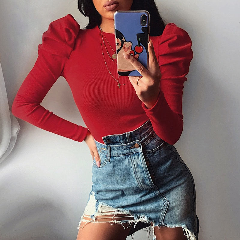 Casual Bodycon Solid Knitted Bodysuit