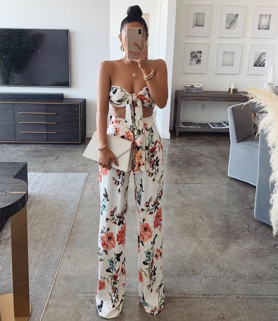 Flower Print Lace-up Top and High Waist Long Pants