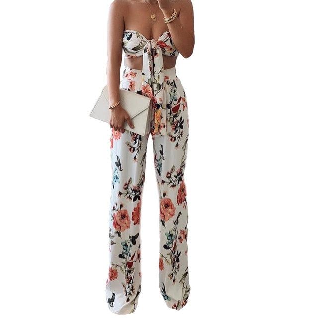 Flower Print Lace-up Top and High Waist Long Pants