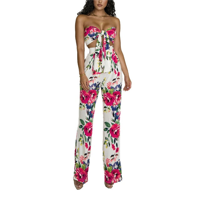 Flower Print Lace-up Top and High Waist Long Pants