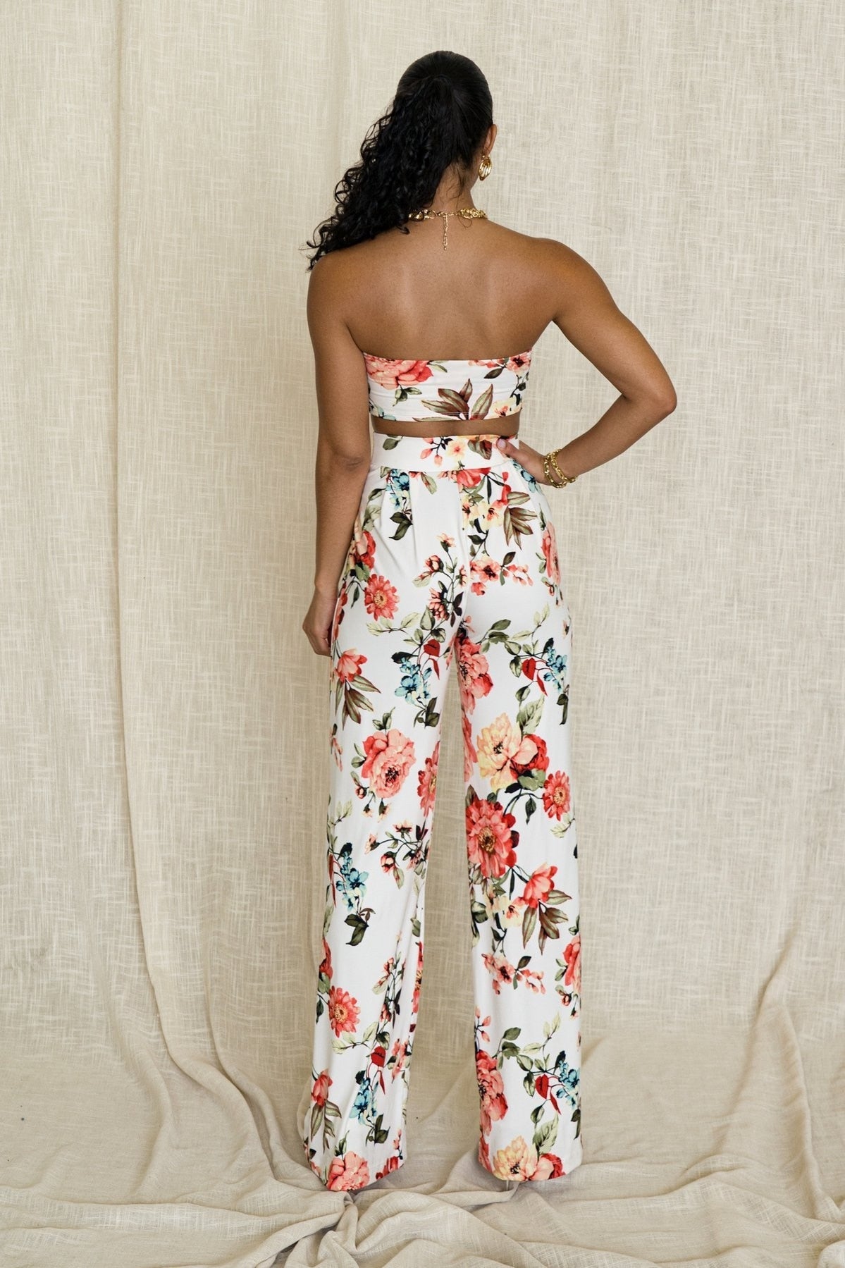 Flower Print Lace-up Top and High Waist Long Pants