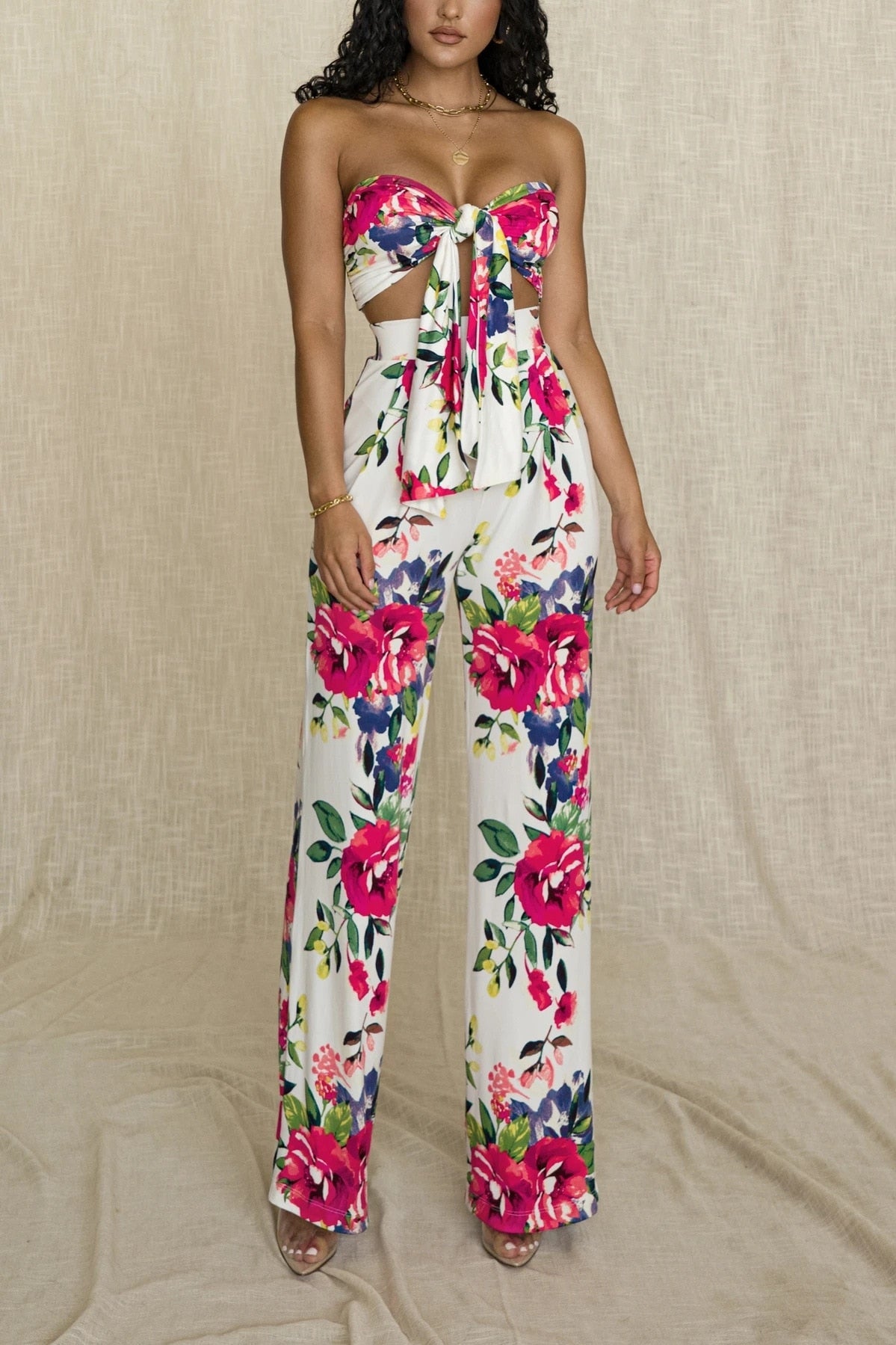 Flower Print Lace-up Top and High Waist Long Pants