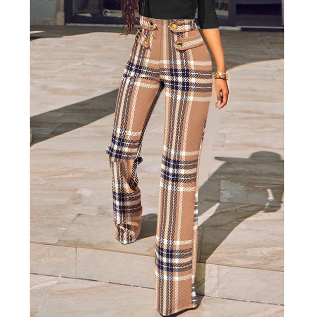 High Waist Plaid Print  Skinny Flared Pants