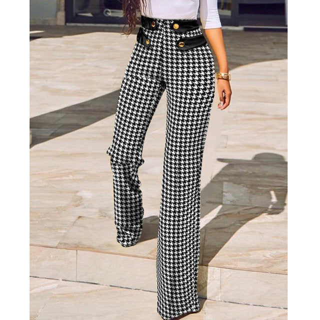 High Waist Plaid Print  Skinny Flared Pants