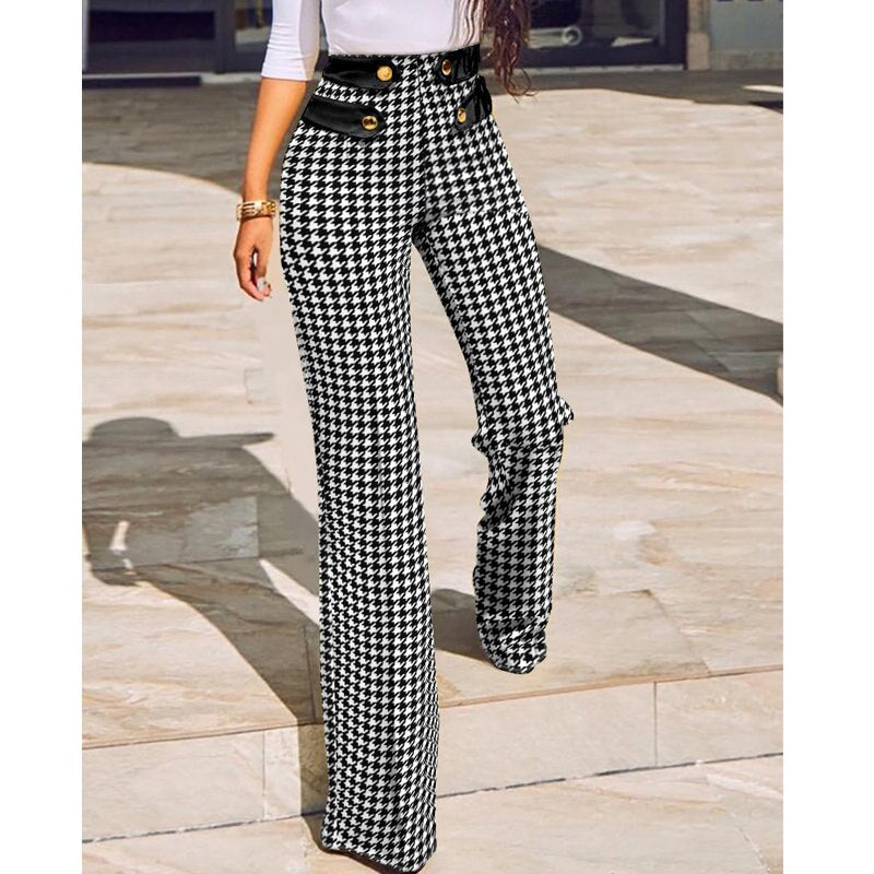 High Waist Plaid Print  Skinny Flared Pants