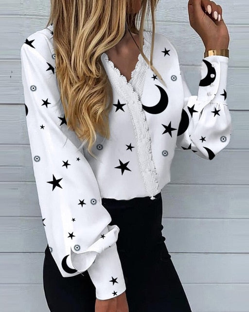 Elegant Printed Lace Casual Shirt