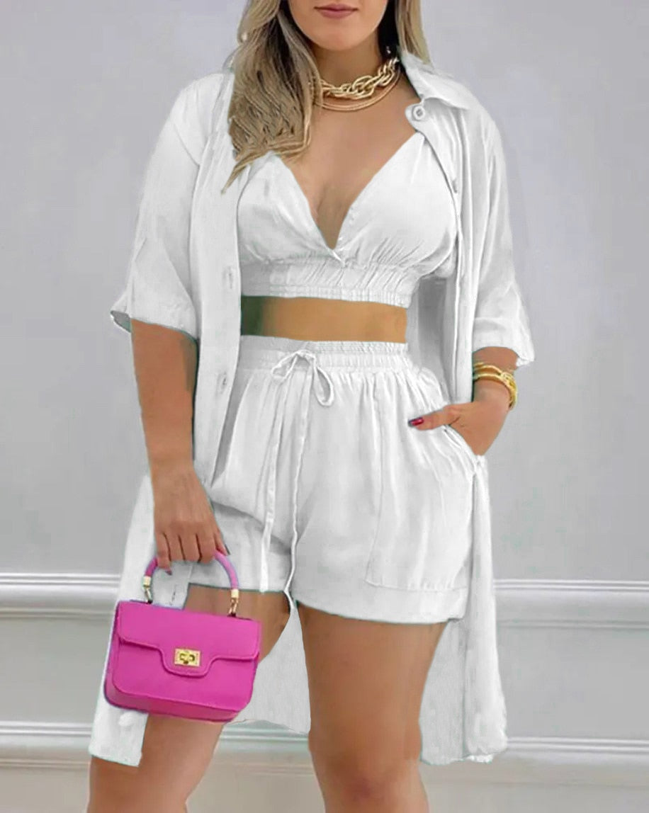 Three Piece Set Short Sleeve Shirt & Shorts.