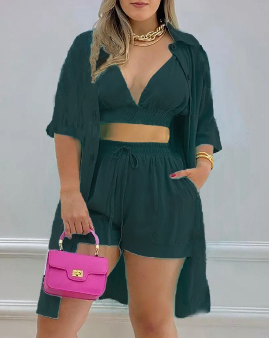 Three Piece Set Short Sleeve Shirt & Shorts.