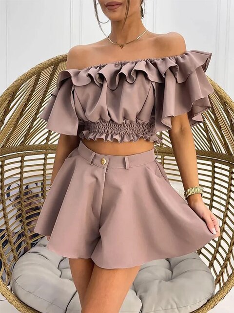 Shirred Ruffle Off Shoulder Top & Shorts