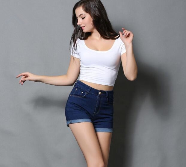 High Waist Elastic Blue Cotton Denim Short