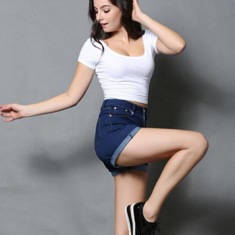 High Waist Elastic Blue Cotton Denim Short