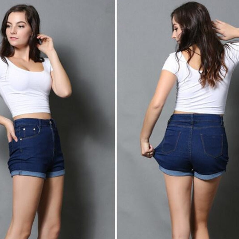 High Waist Elastic Blue Cotton Denim Short