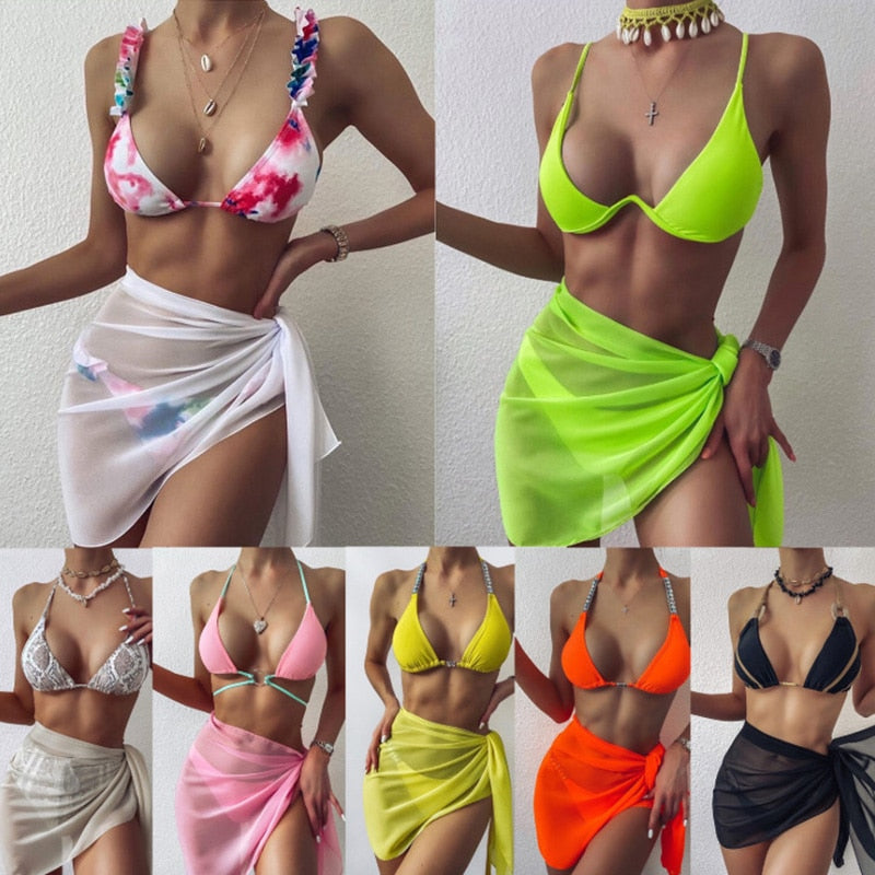 Thin Mesh Mini Ruffle Skirts Bikini Sets