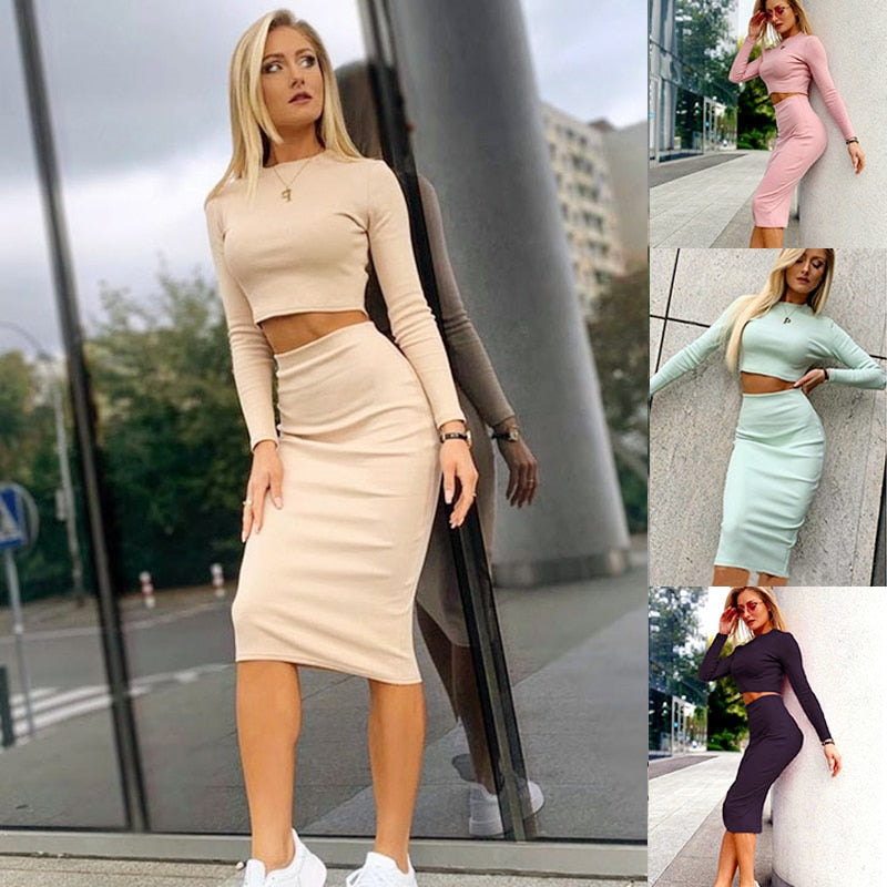 Long Sleeves Crop Top & Midi Bodycon Skirt