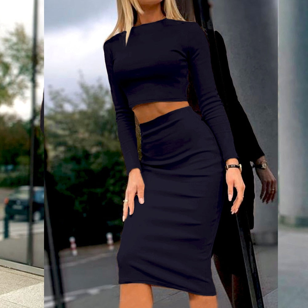 Long Sleeves Crop Top & Midi Bodycon Skirt