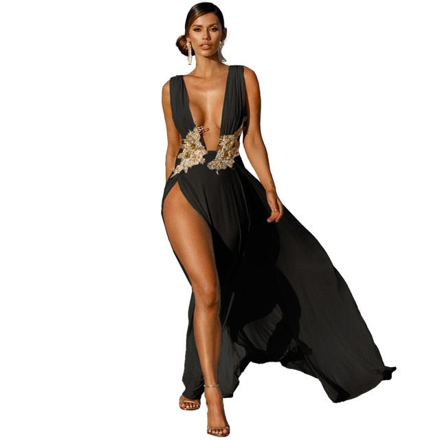 Deep V Neck Backless Maxi Dress