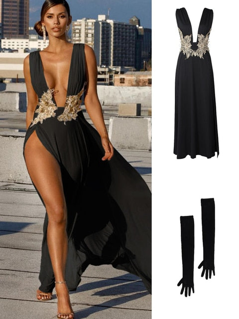 Deep V Neck Backless Maxi Dress