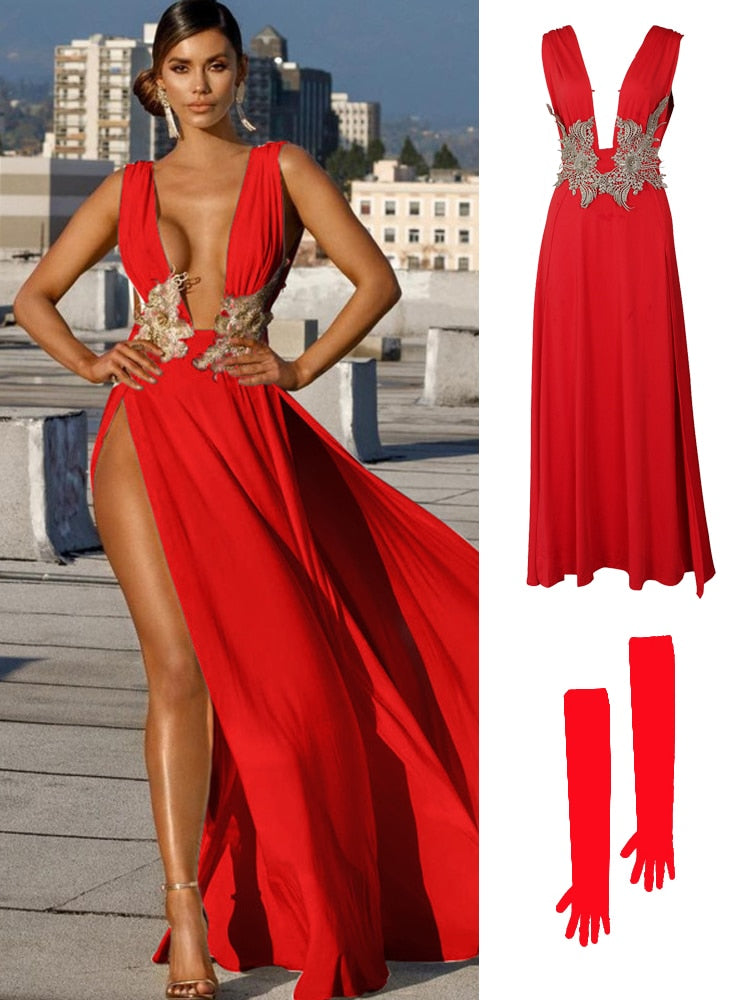 Deep V Neck Backless Maxi Dress