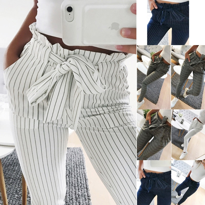 Bow Tie Drawstring Waist Pockets Casual Trousers