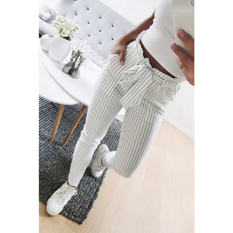 Bow Tie Drawstring Waist Pockets Casual Trousers