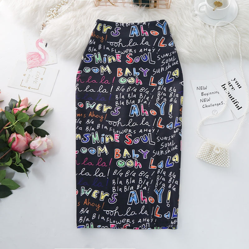 letters Printed Stretch Skirt