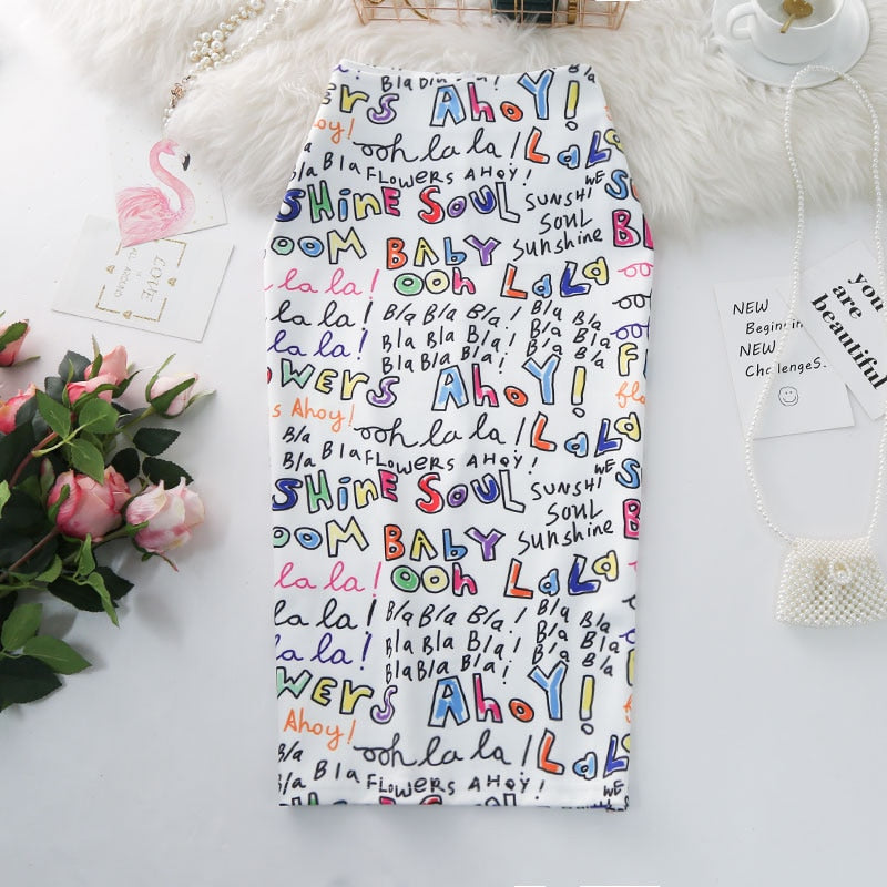 letters Printed Stretch Skirt