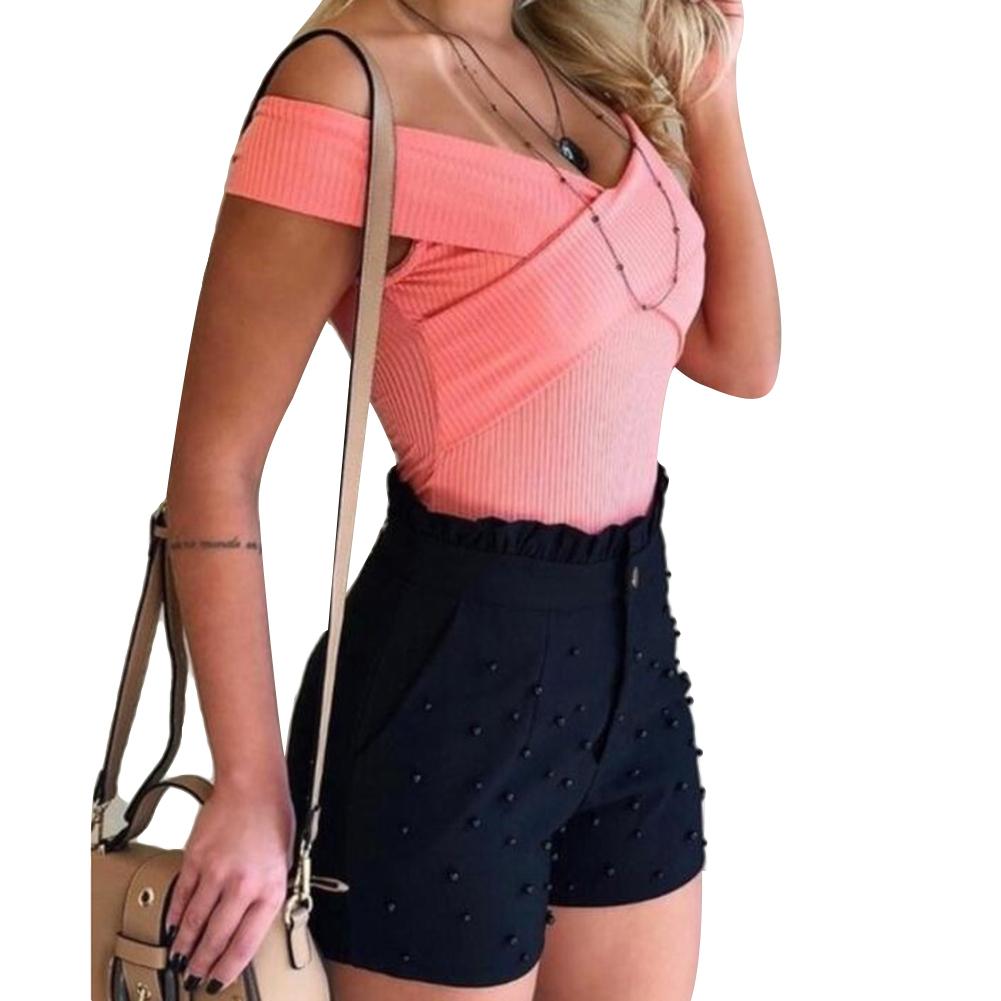High Waist Button Ruffled Beaded Shorts