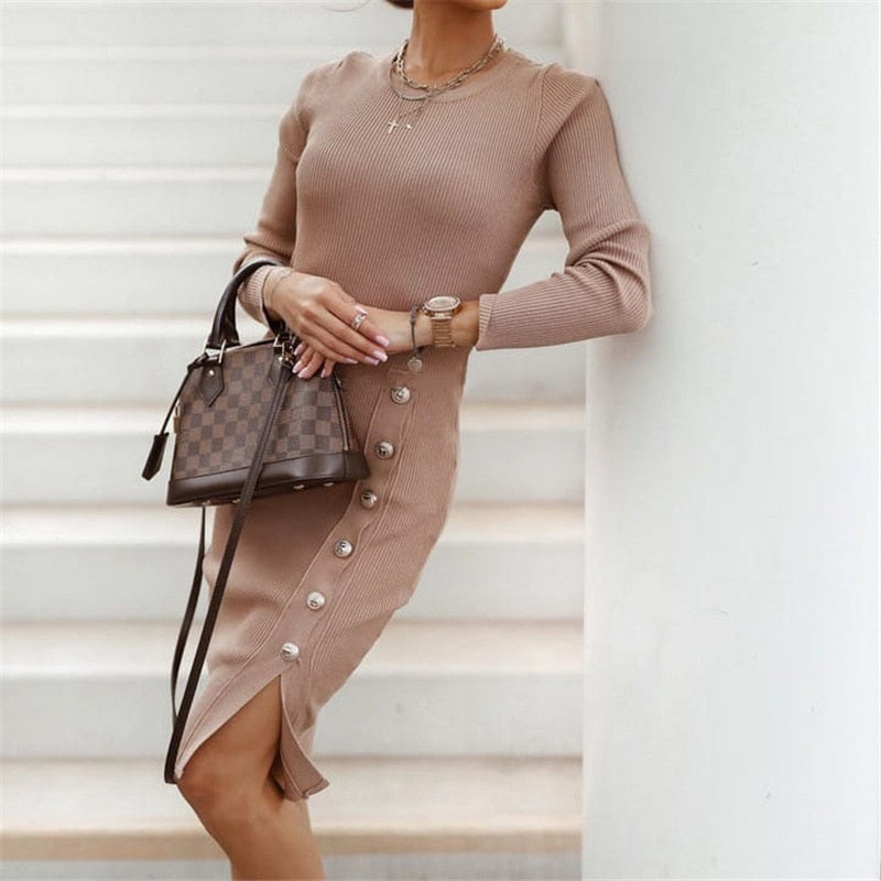 Long Sleeve High Waist Button Midi Dress