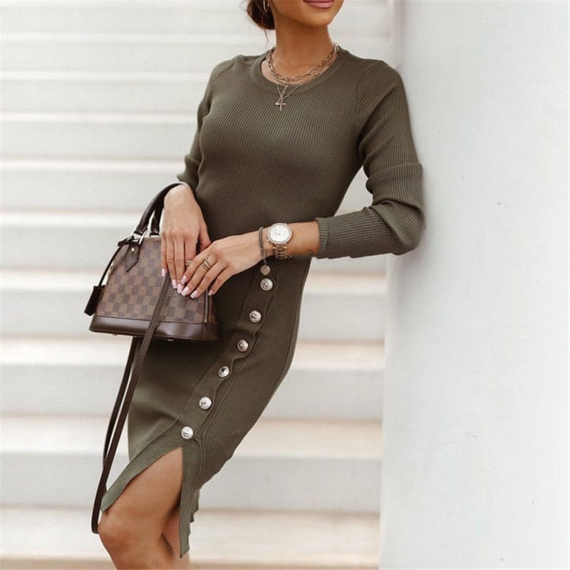 Long Sleeve High Waist Button Midi Dress