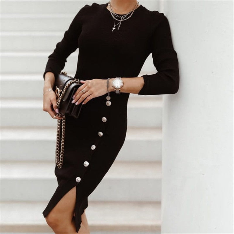 Long Sleeve High Waist Button Midi Dress