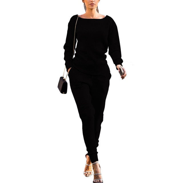Color Ribbed O Neck Top & Drawstring Pants