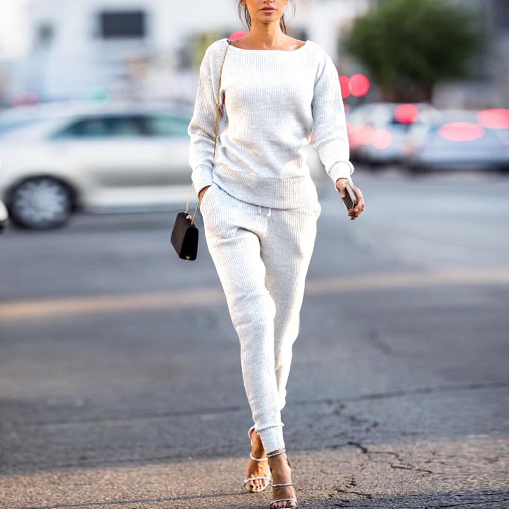 Color Ribbed O Neck Top & Drawstring Pants