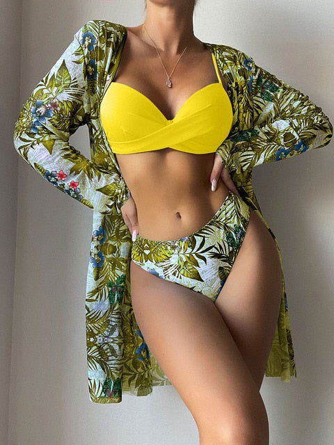 3-piece Cover Up Print Push Up Swimsuit