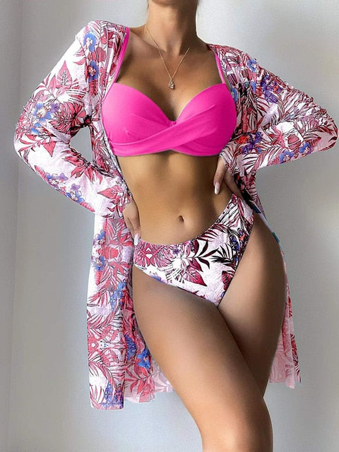 3-piece Cover Up Print Push Up Swimsuit