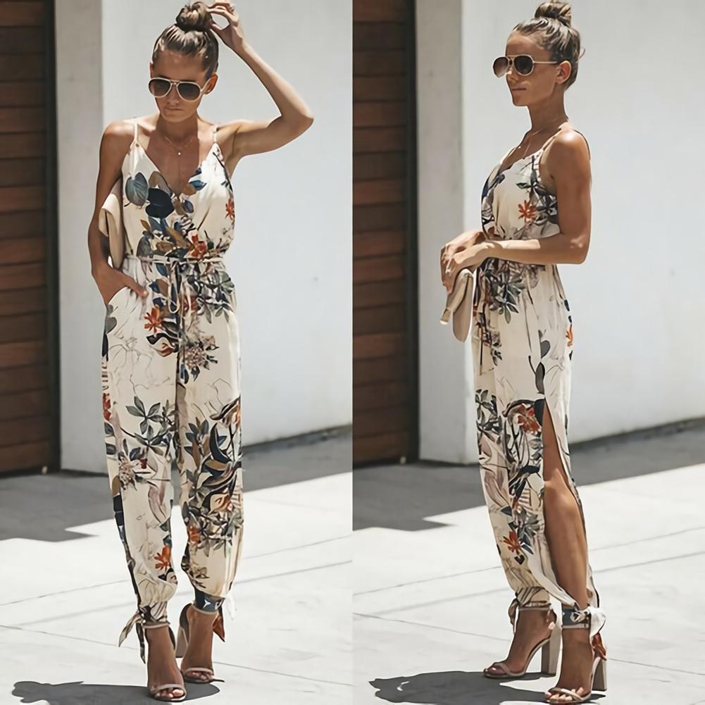 Backless Casual Deep-V Floral Print Jumpsuit