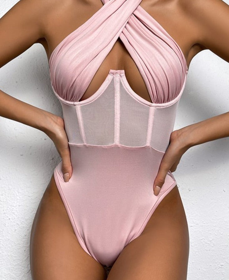 Mesh Halter Neck Corset Bodysuit