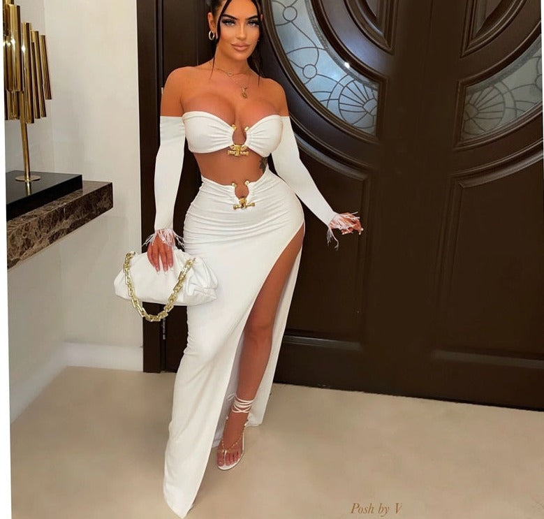 Metal Ring Strapless Off Shoulder Long Sleeve Crop Top & High Split Maxi Skirt