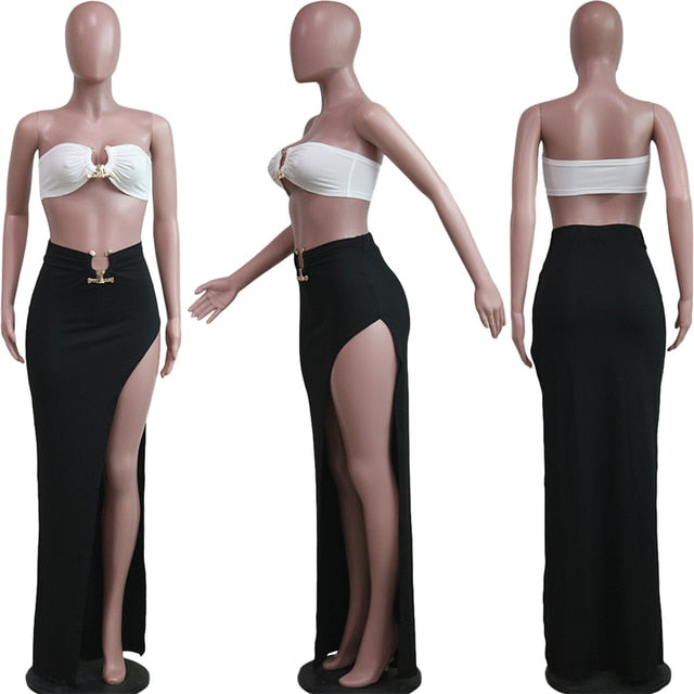 Metal Ring Strapless Off Shoulder Long Sleeve Crop Top & High Split Maxi Skirt