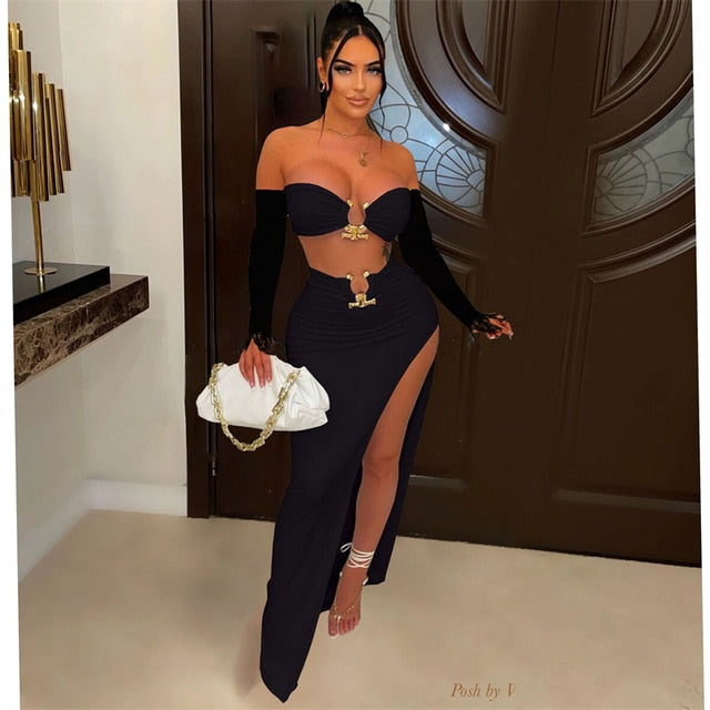 Metal Ring Strapless Off Shoulder Long Sleeve Crop Top & High Split Maxi Skirt