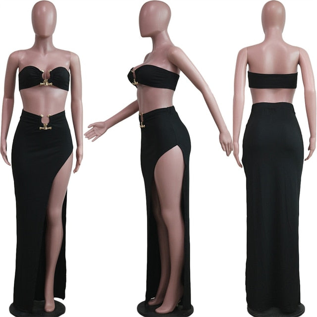 Metal Ring Strapless Off Shoulder Long Sleeve Crop Top & High Split Maxi Skirt