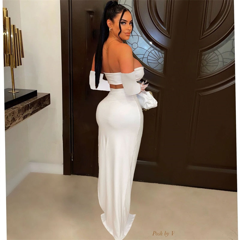 Metal Ring Strapless Off Shoulder Long Sleeve Crop Top & High Split Maxi Skirt