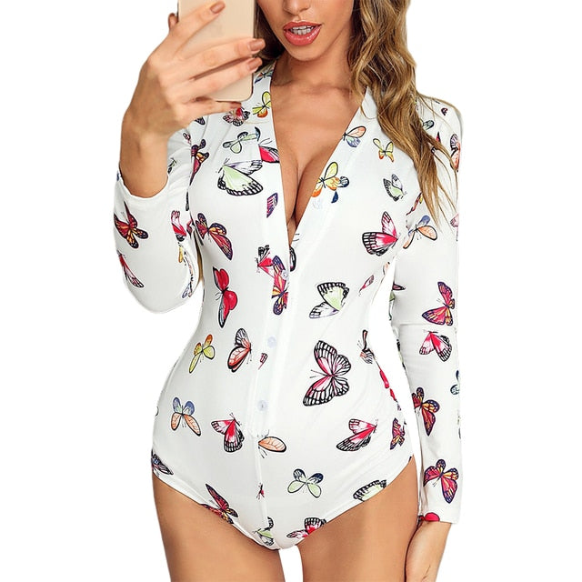 Long Sleeve V-neck Funny Pattern Print Pajama Romper