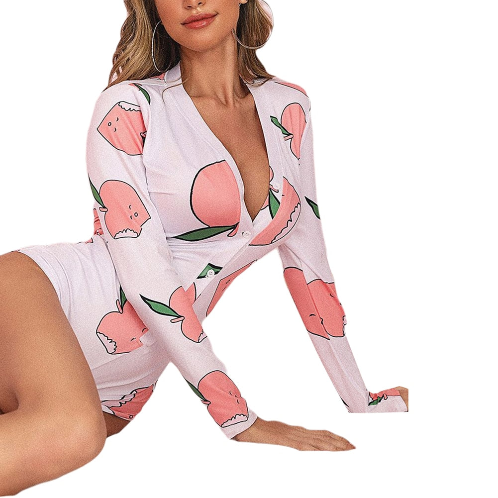 Long Sleeve V-neck Funny Pattern Print Pajama Romper