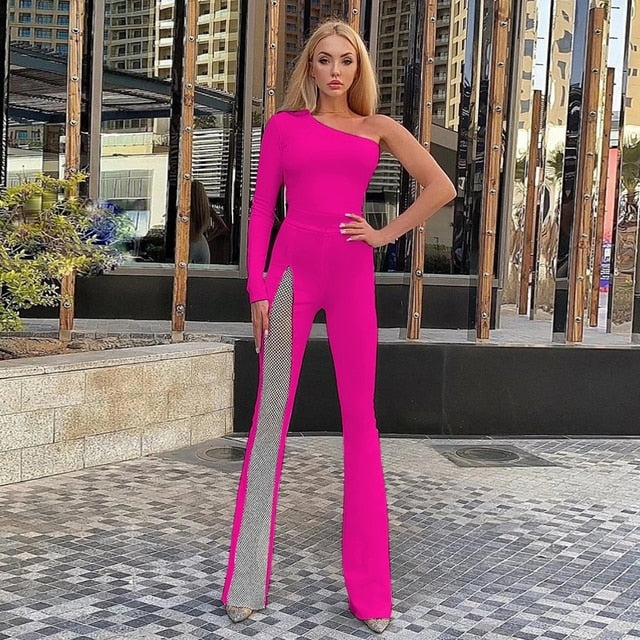 One Shoulder Long Sleeve Bandage Jumpsuit