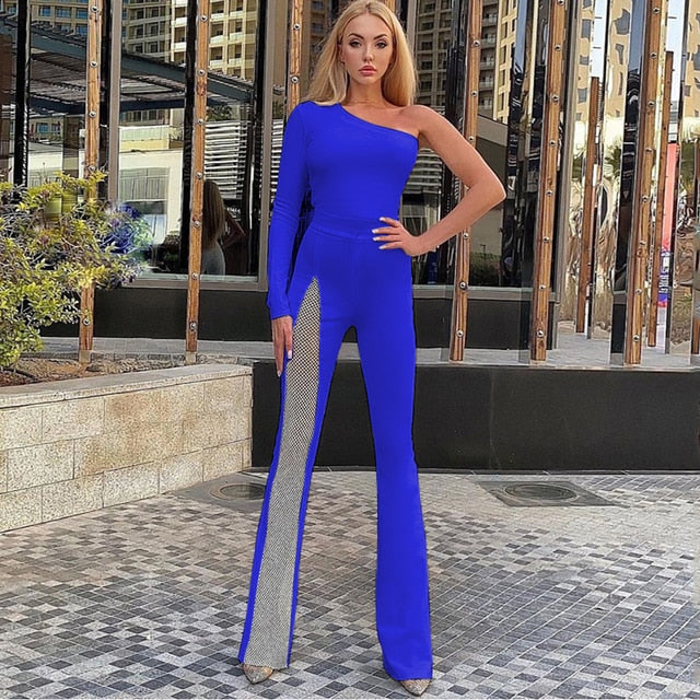 One Shoulder Long Sleeve Bandage Jumpsuit