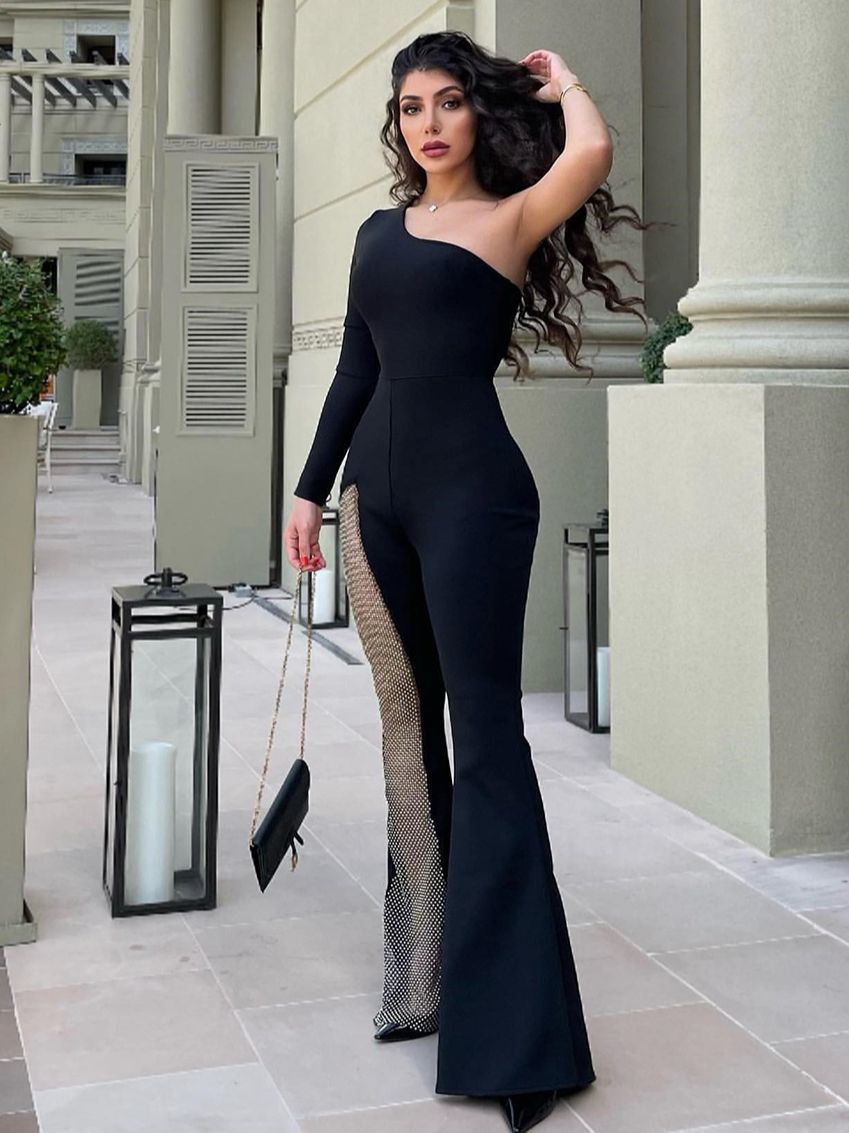 One Shoulder Long Sleeve Bandage Jumpsuit