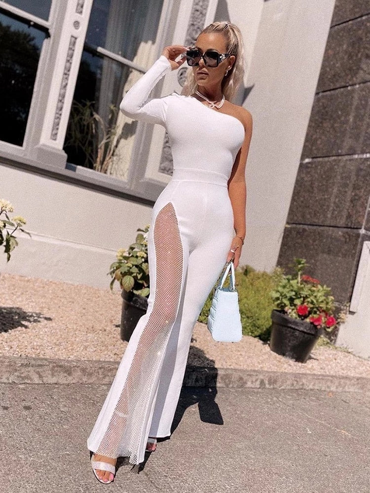 One Shoulder Long Sleeve Bandage Jumpsuit