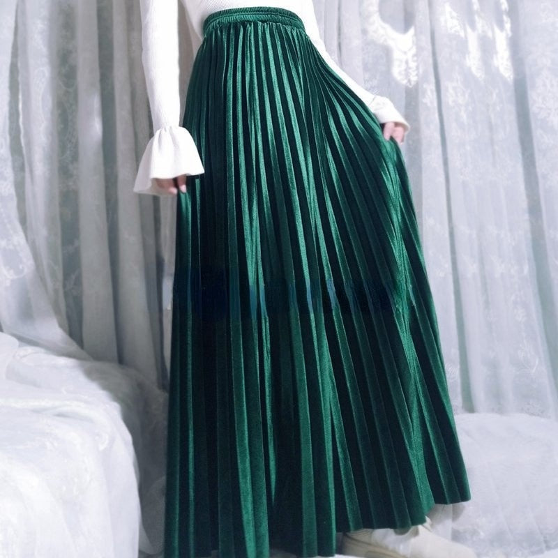 Velvet Maxi Long Pleated Skirt