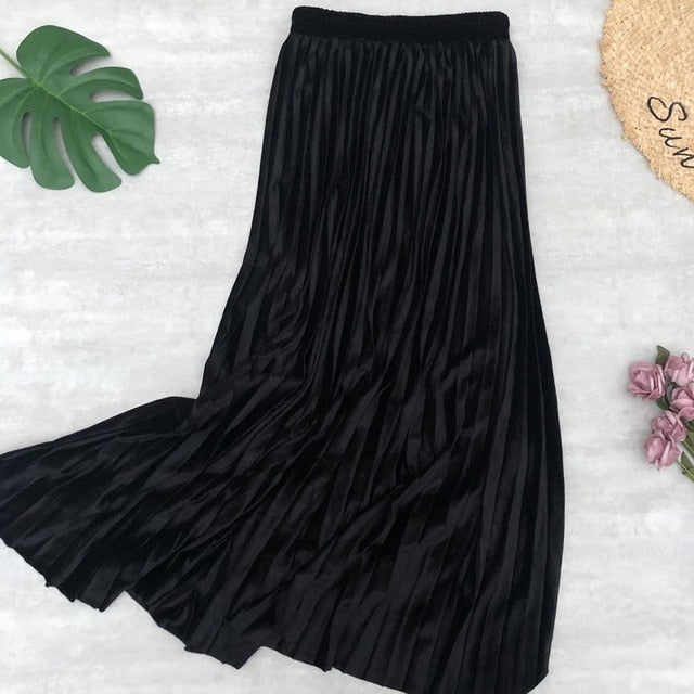 Velvet Maxi Long Pleated Skirt