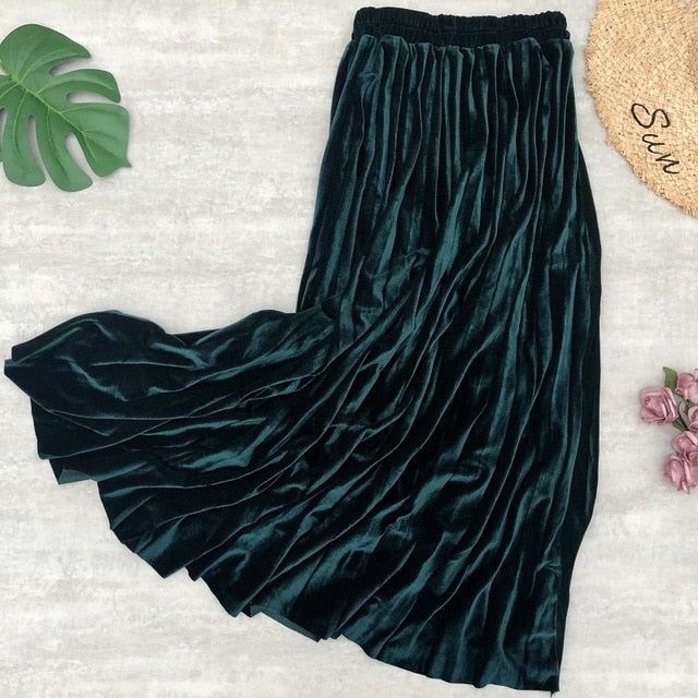 Velvet Maxi Long Pleated Skirt